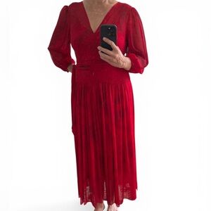 Calvin Klein Red V-Neck Maxi Dress with Puff Sleeves size 10